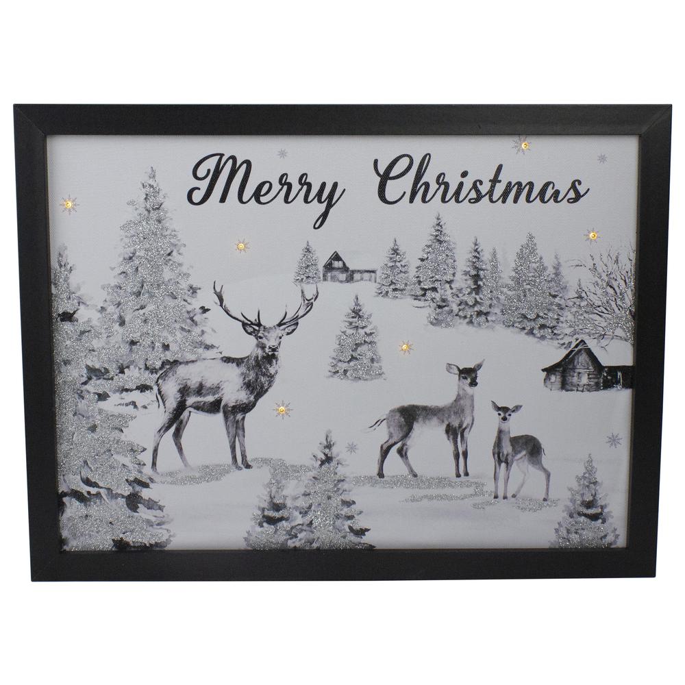 Lighted Black and White Winter Scene Merry Christmas Canvas Wall Art 11.75" x 15.75". Picture 1