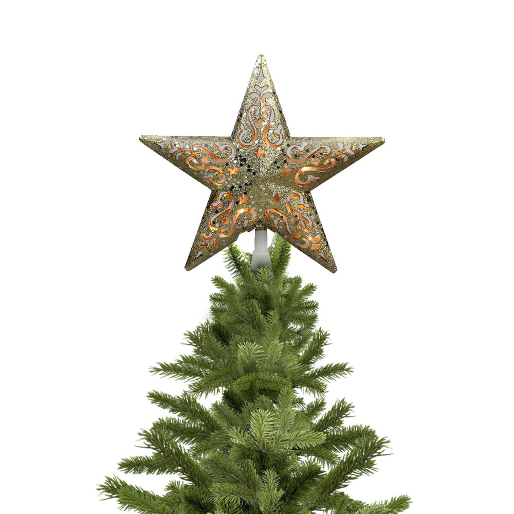 8.25" Gold Glitter Star Christmas Tree Topper - Clear Lights. Picture 4