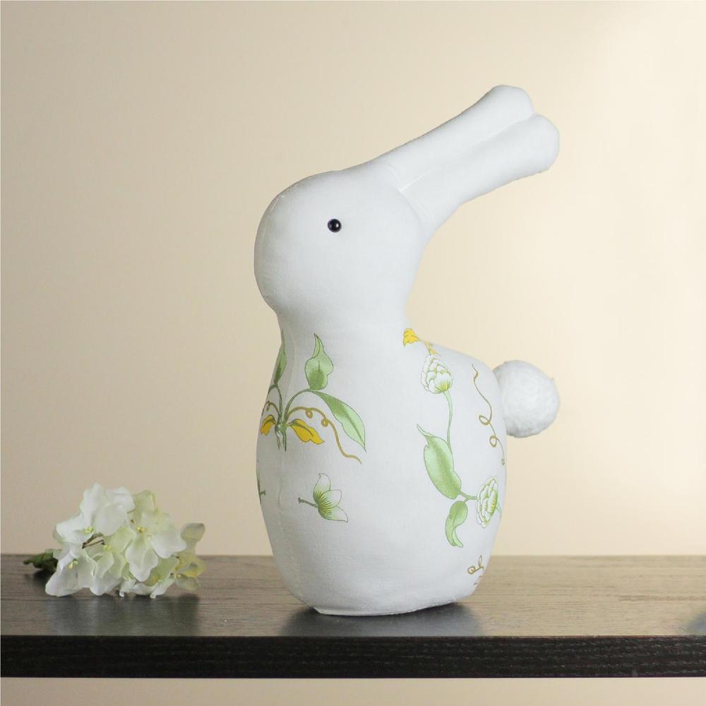 14" Plush White  Soft Green  and Yellow Floral Rabbit Spring Easter Decoration. Picture 3