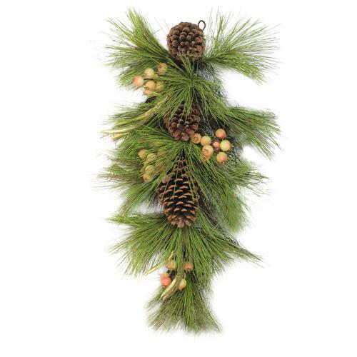 30" Pine Needles with Pinecones and Golden Antlers Artificial Christmas Teardrop Swag - Unlit. Picture 1