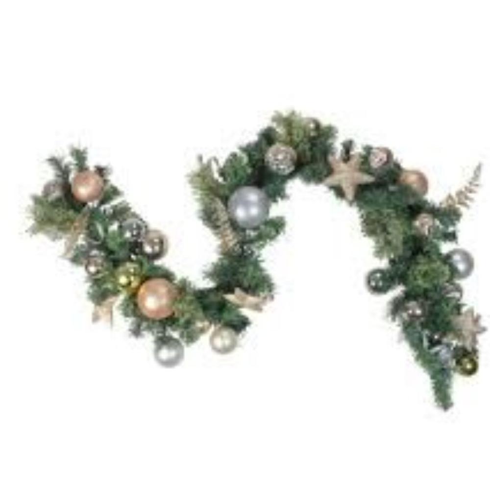 6' x 12" Green and Gold Leaves Ornaments with Stars Artificial Christmas Garland - Unlit. Picture 2