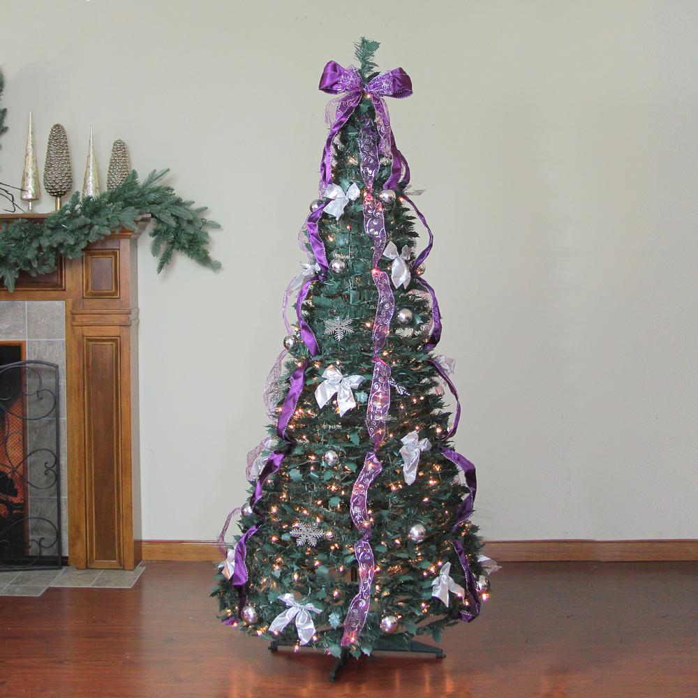 6' Pre-Lit Purple and Silver Pre-Decorated Pop-Up Artificial Christmas Tree. Picture 2