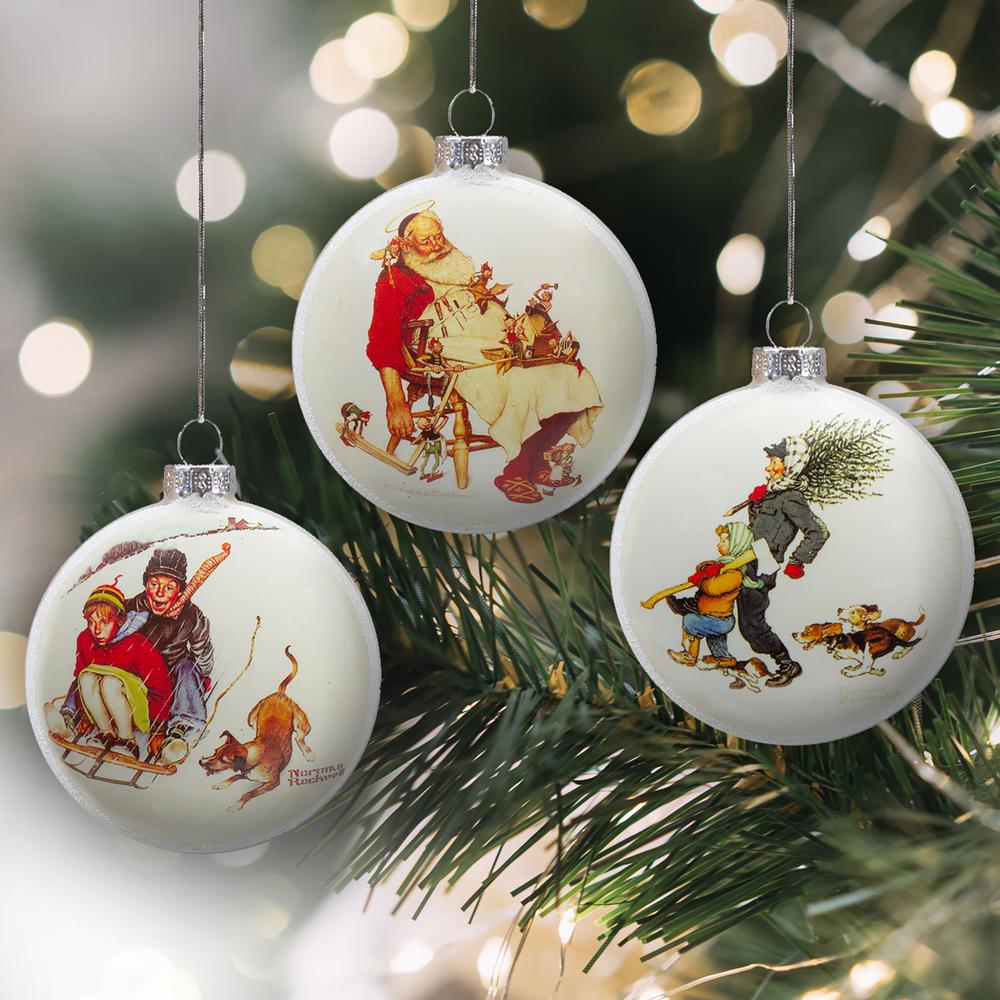 Set of 3 Norman Rockwell Glass Christmas Disc Ornament. Picture 2
