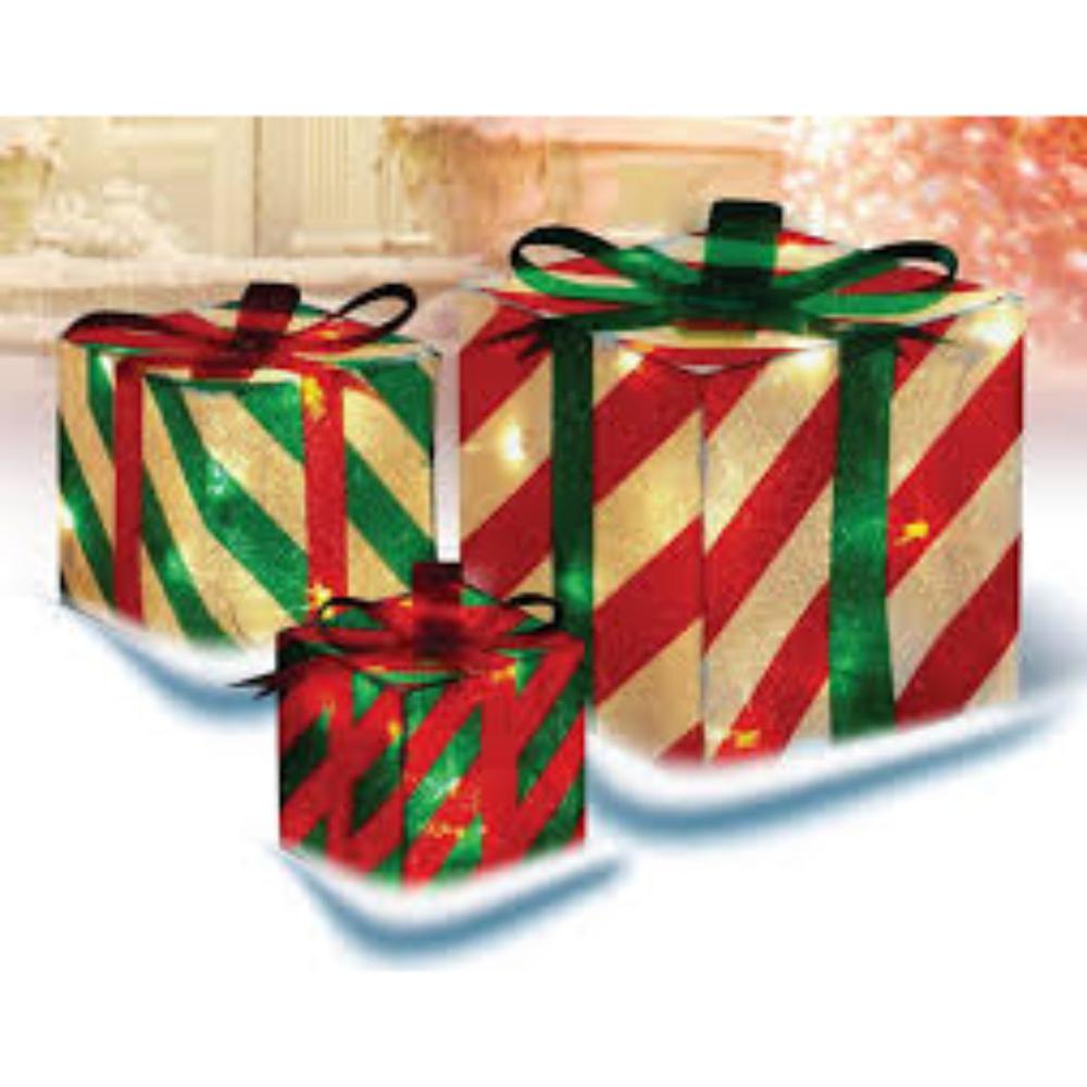 Set of 3 Red and Green Striped Gift Boxes Outdoor Christmas Decorations 8" g. Picture 3