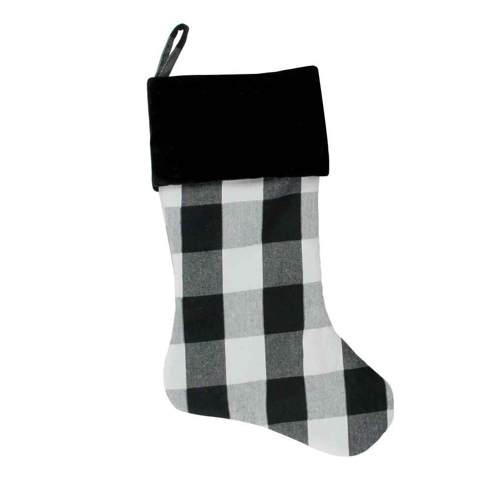 20" White and Black Buffalo Plaid Christmas Stocking with Velvet Cuff. Picture 1
