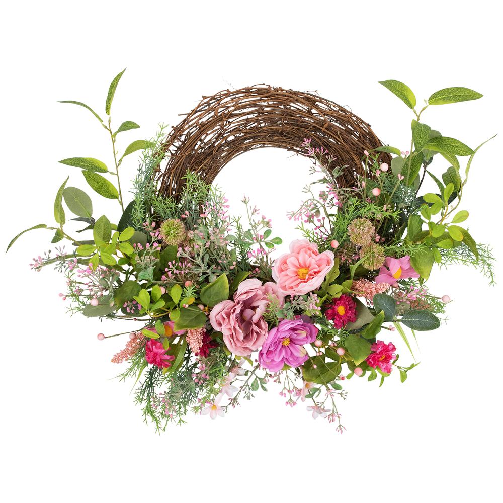 Peony Mixed Floral Half Spring Wreath - 28" - Pink. Picture 1