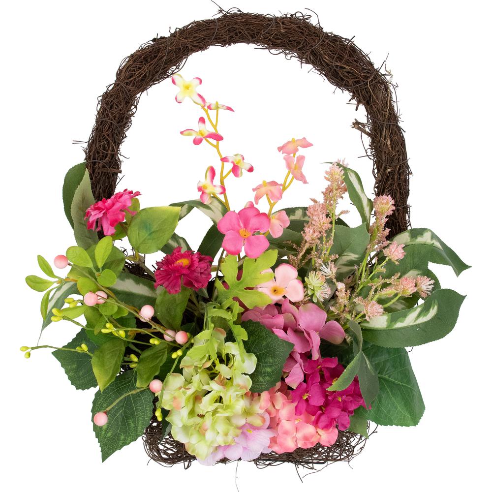 Leafy Hydrangea Floral Spring Hanging Basket - 16"  - Pink. Picture 1