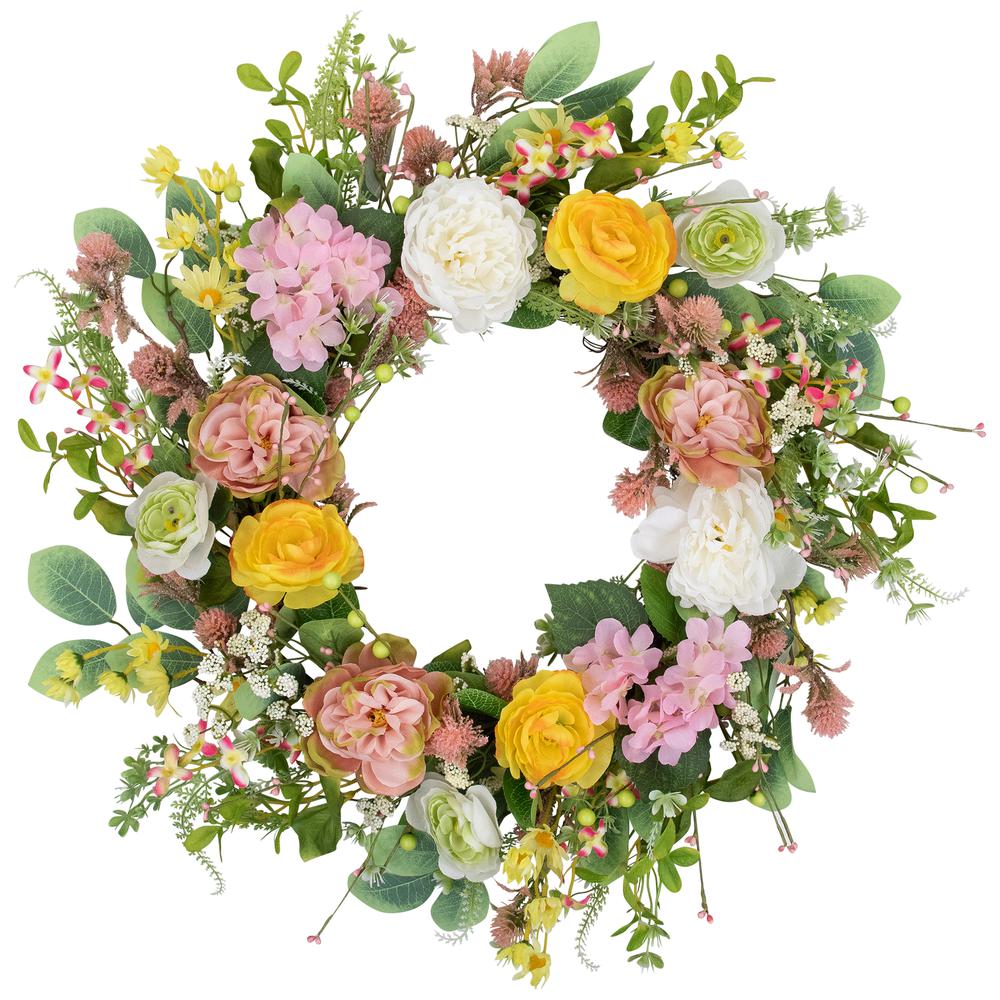 Rose and Hydrangea Floral Spring Wreath - 26" - Pink and Yellow. Picture 1