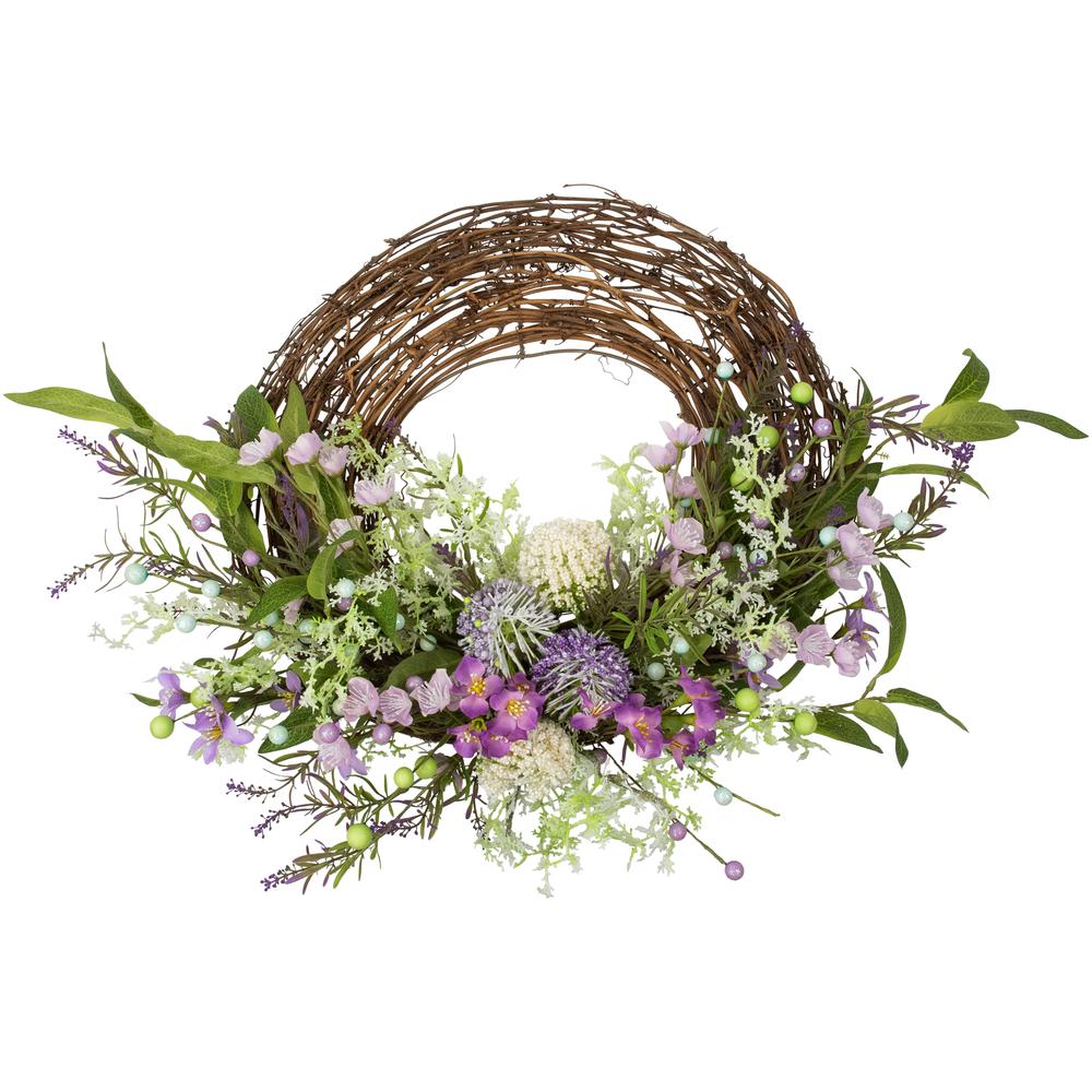 Wildflower and Berry Half Spring Wreath - 24" - Purple. Picture 1