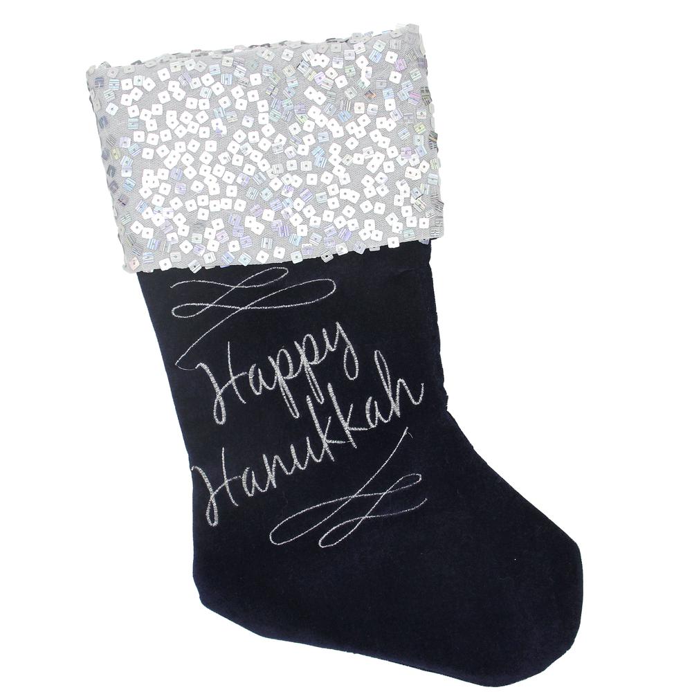 19" Navy Blue and Silver "Happy Hanukkah" Sequin Cuff Embroidered Stocking. Picture 1