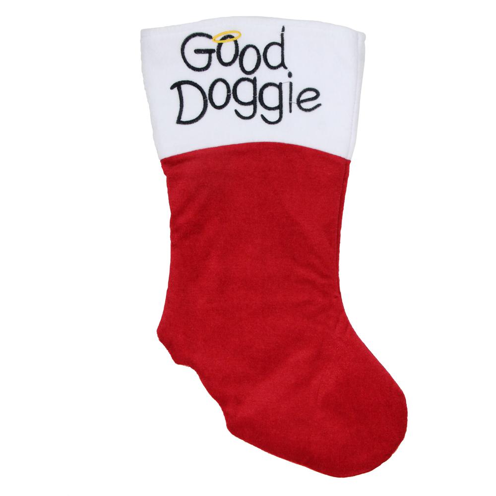 19" Red and White Embroidered Halo "Good Doggie" Christmas Stocking with Cuff. Picture 1