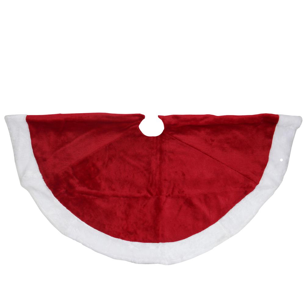 48" Red and White Velveteen Christmas Tree Skirt with White Trim. Picture 1