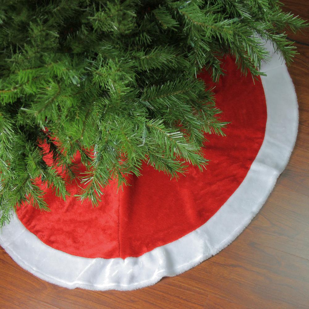 48" Red and White Velveteen Christmas Tree Skirt with White Trim. Picture 3
