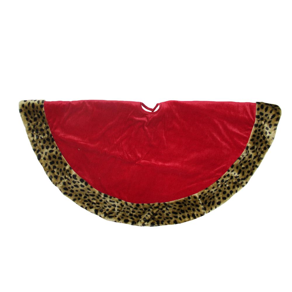 48" Red and Brown Velveteen with Cheetah Print Border Christmas Tree Skirt. Picture 1