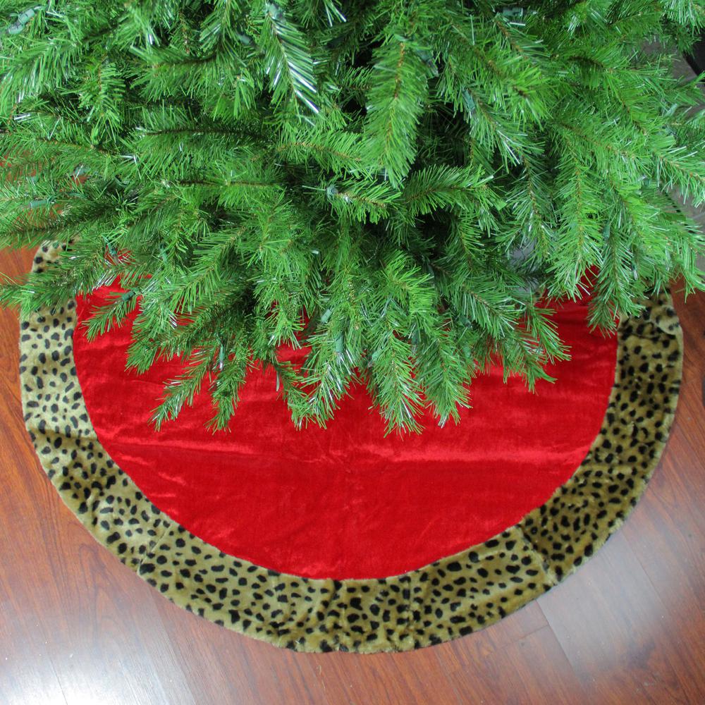 48" Red and Brown Velveteen with Cheetah Print Border Christmas Tree Skirt. Picture 2