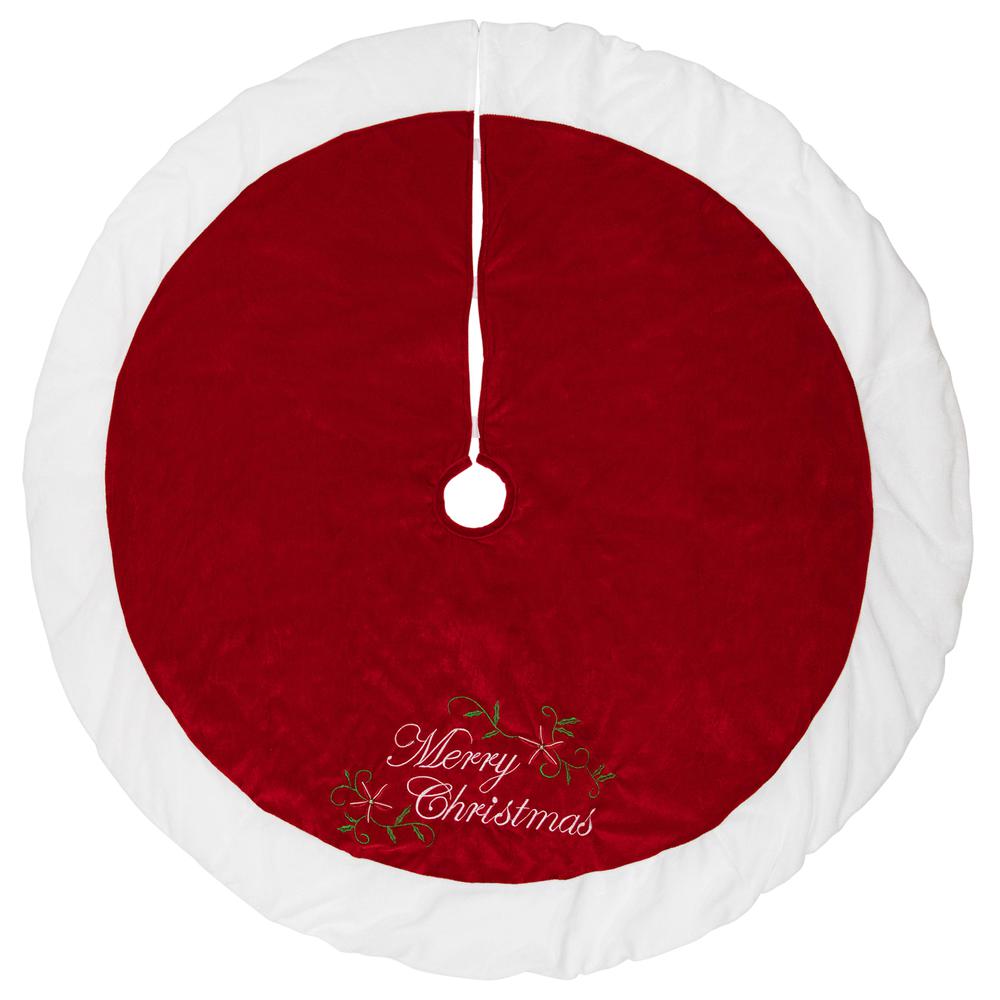 48" Traditional Red Merry Christmas Velveteen Tree Skirt. Picture 1