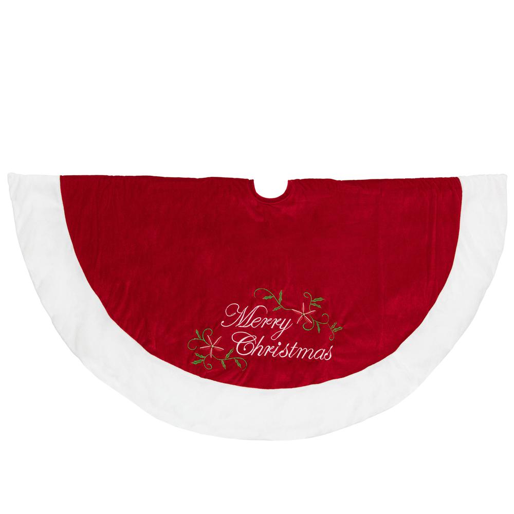 48" Traditional Red Merry Christmas Velveteen Tree Skirt. Picture 3