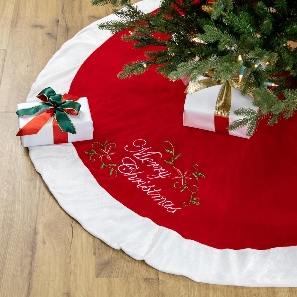 48" Traditional Red Merry Christmas Velveteen Tree Skirt. Picture 2