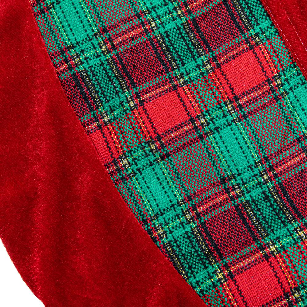 48" Red and Green Plaid Velveteen Christmas Tree Skirt. Picture 4