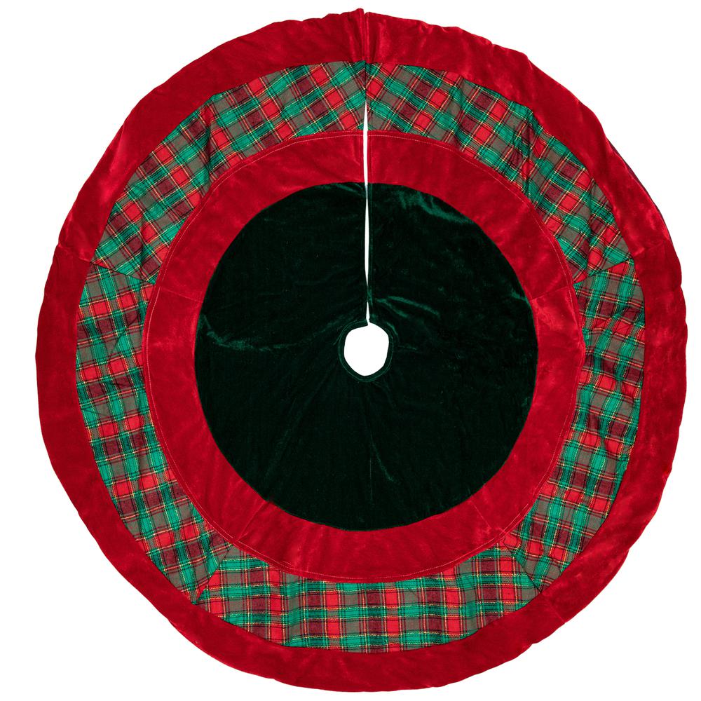 48" Red and Green Plaid Velveteen Christmas Tree Skirt. Picture 1