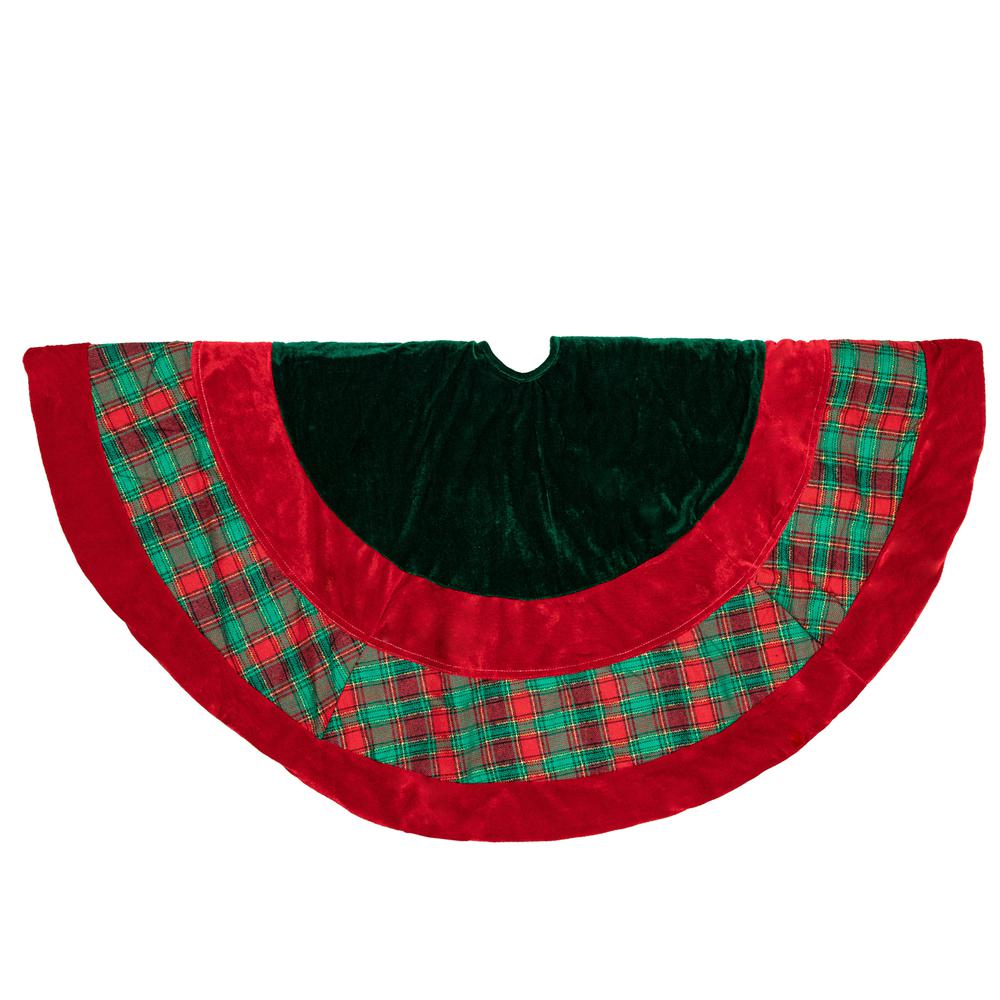 48" Red and Green Plaid Velveteen Christmas Tree Skirt. Picture 3
