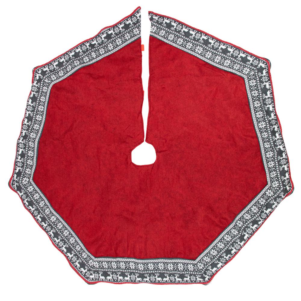 50" Red and Gray Snowflake and Reindeer Christmas Tree Skirt. Picture 1