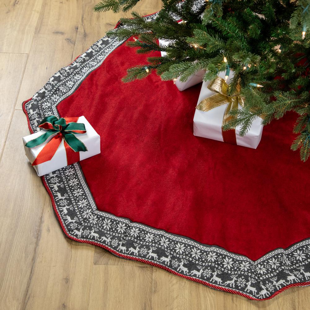 50" Red and Gray Snowflake and Reindeer Christmas Tree Skirt. Picture 2