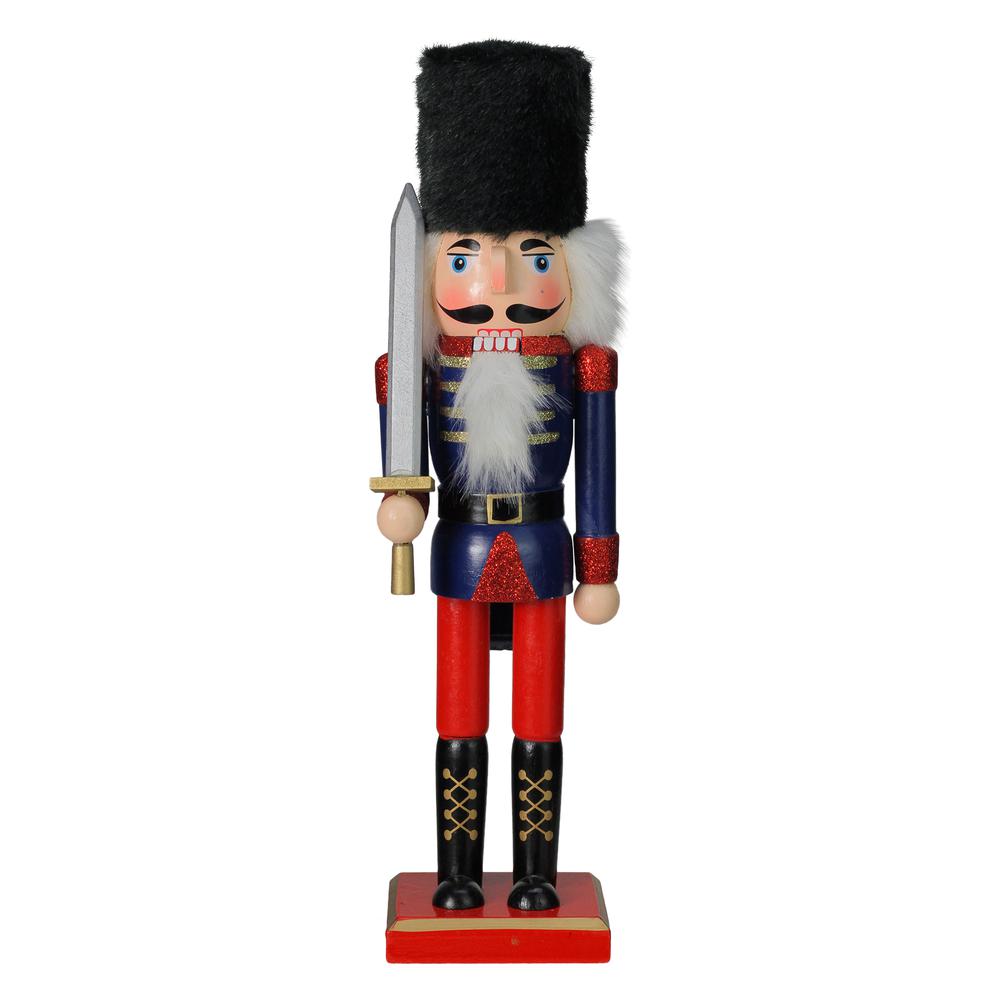 14" Red and Blue Christmas Nutcracker Soldier with Sword. Picture 1