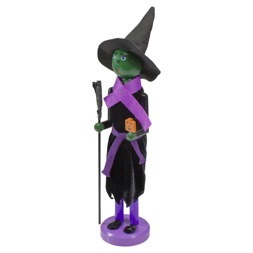 14" Black and Green Witch Jack-O-Lantern Halloween Nutcracker with Broom. Picture 3