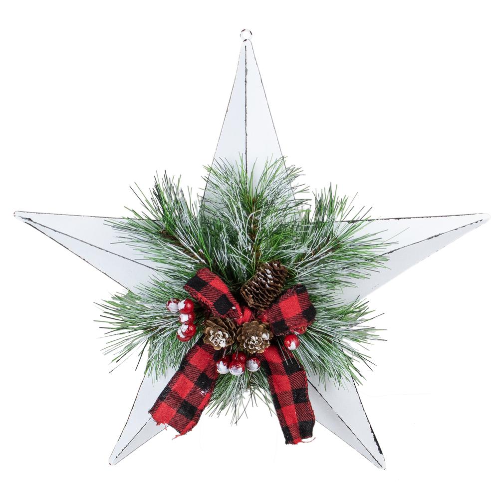 17" White 5 point Christmas Star With Plaid Ribbon with Artificial Pine. Picture 1