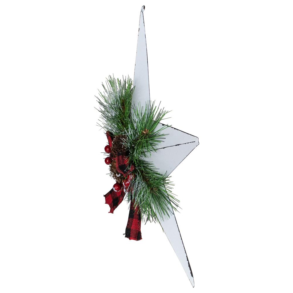 17" White 5 point Christmas Star With Plaid Ribbon with Artificial Pine. Picture 4