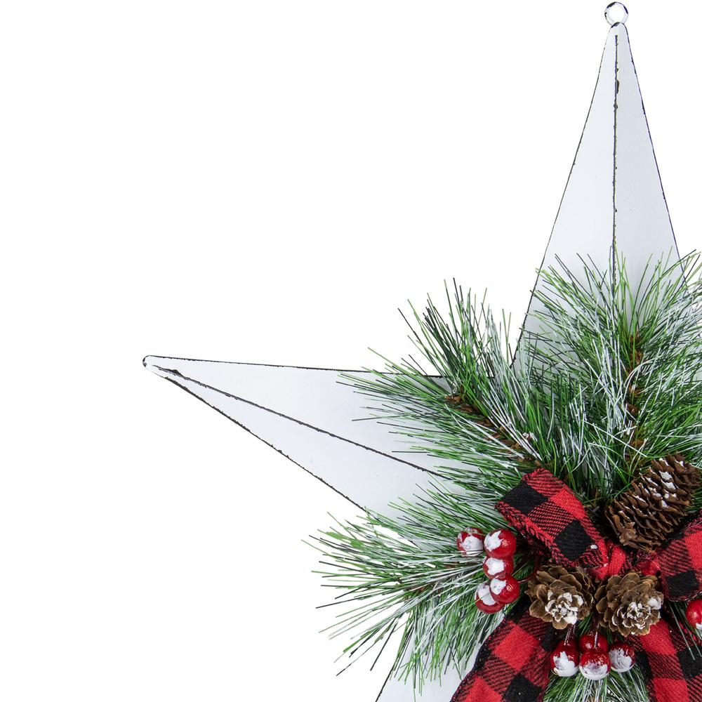 17" White 5 point Christmas Star With Plaid Ribbon with Artificial Pine. Picture 3