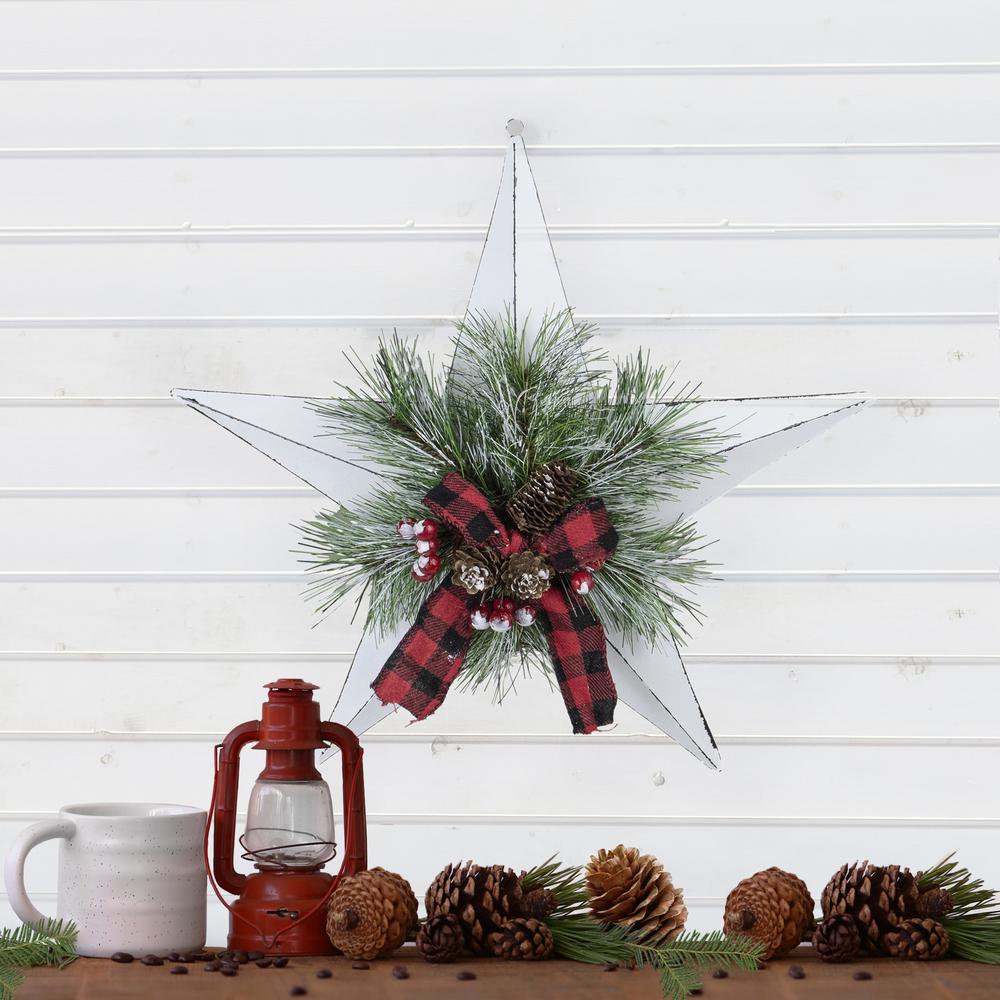 17" White 5 point Christmas Star With Plaid Ribbon with Artificial Pine. Picture 2
