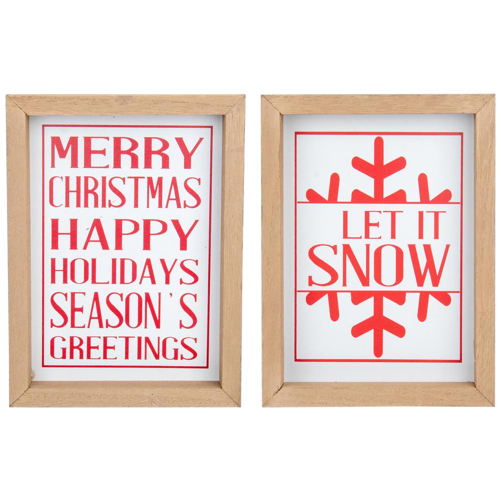 Set of 2 Red and White Holiday Slogans Wooden Christmas Plaques. Picture 1