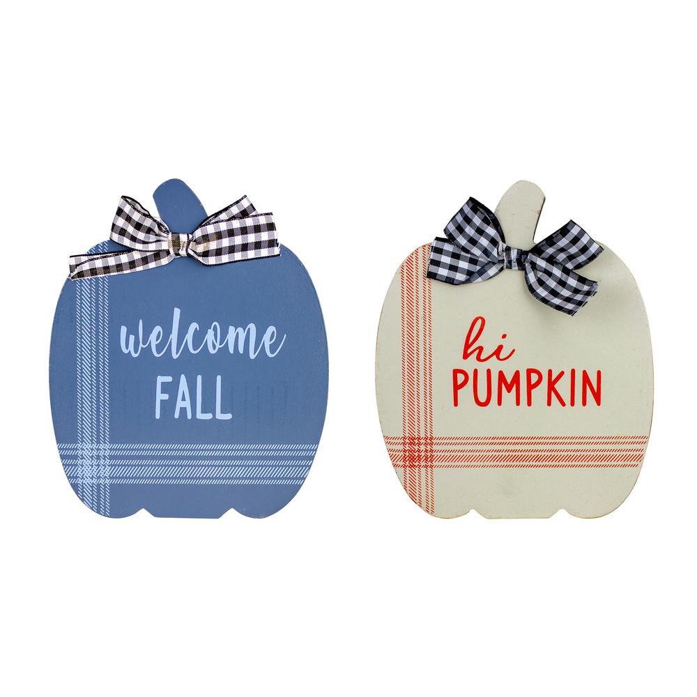 Set of 2 Blue and Beige Fall Harvest Wooden Pumpkin Welcome Plaques 8". The main picture.