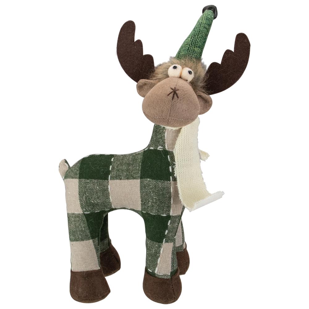 14" Tan and Green Buffalo Plaid Standing Moose Christmas Decoration. Picture 1