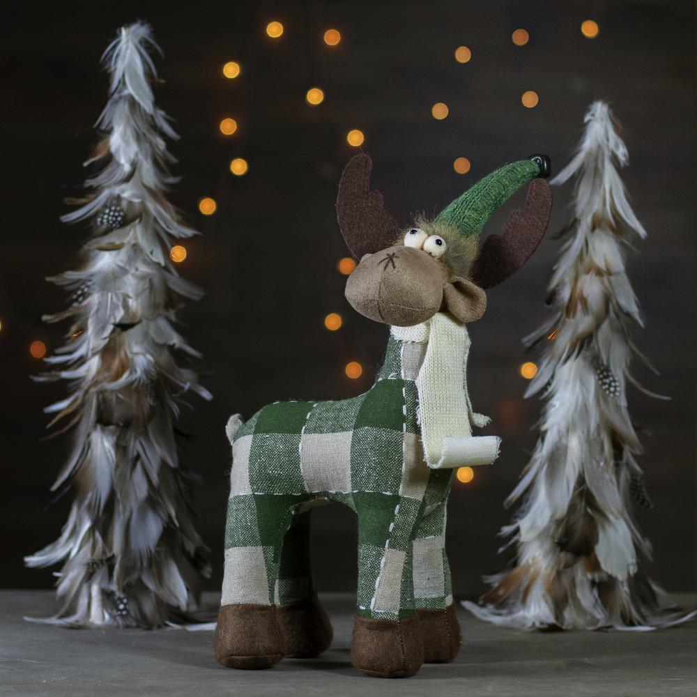 14" Tan and Green Buffalo Plaid Standing Moose Christmas Decoration. Picture 2