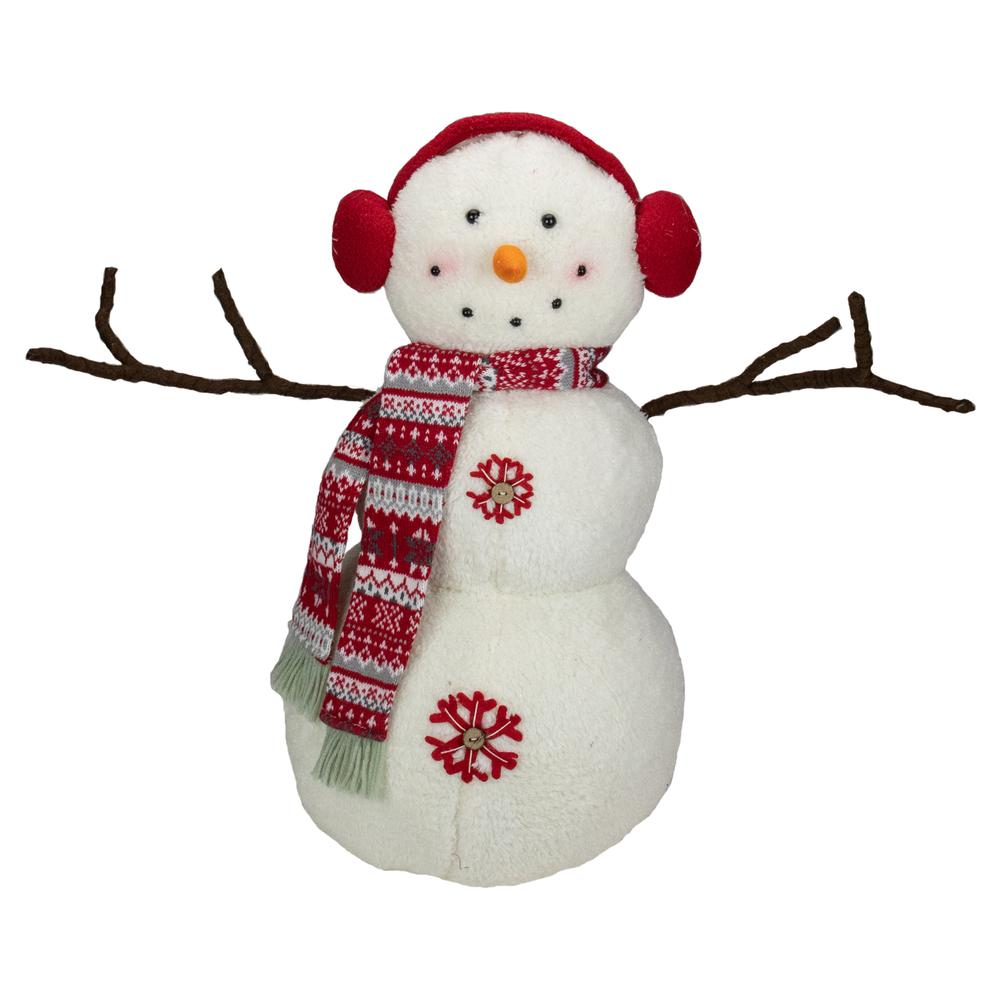 21.5-Inch White and Red Snowflake Sherpa Plush Snowman Christmas Decoration. Picture 1
