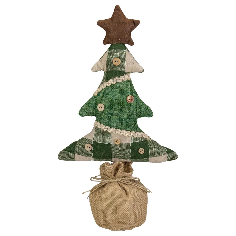 17.5-Inch Tan and Green Rustic Multi-Fabric Standing Christmas Tree Tabletop Decoration. Picture 1