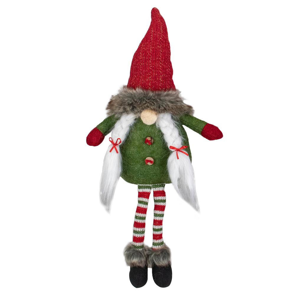 25" Red  Green  and White Sitting Tabletop Female Gnome Christmas Decoration. Picture 1