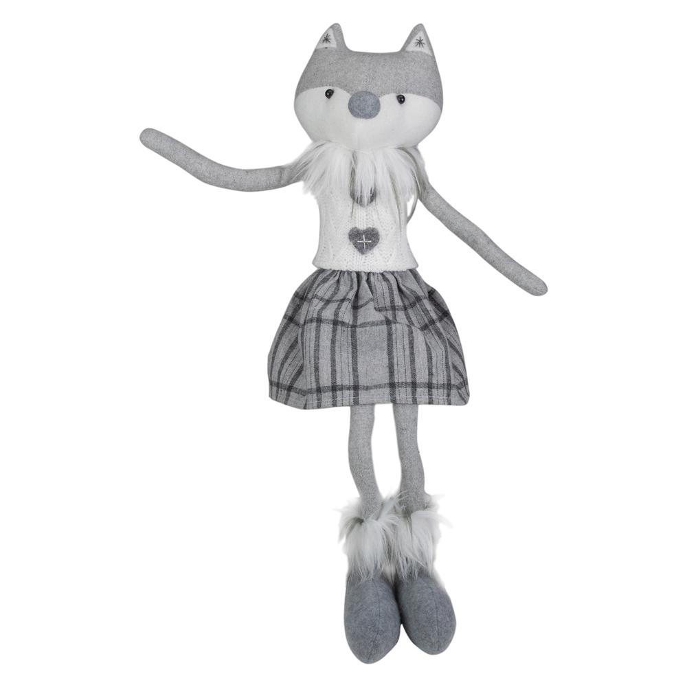22" Gray and White Girl Fox Sitting Christmas Figure with Dangling Legs. Picture 1