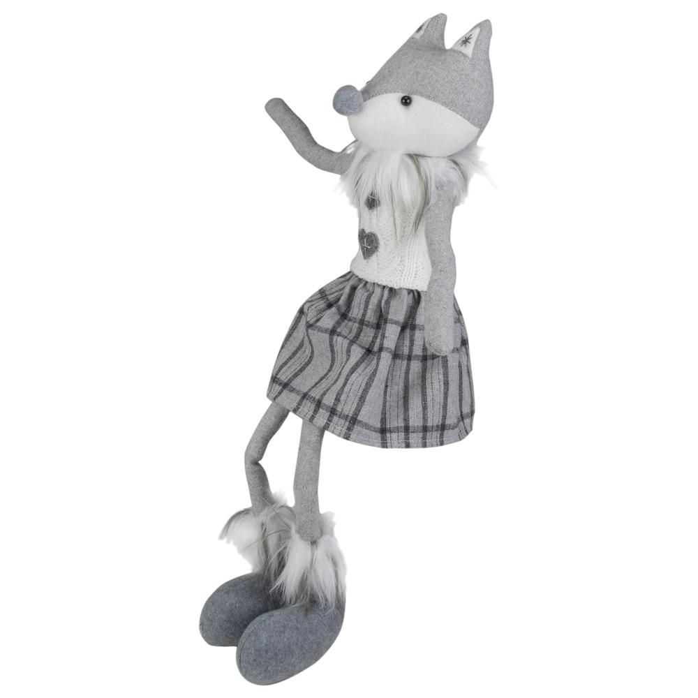 22" Gray and White Girl Fox Sitting Christmas Figure with Dangling Legs. Picture 3