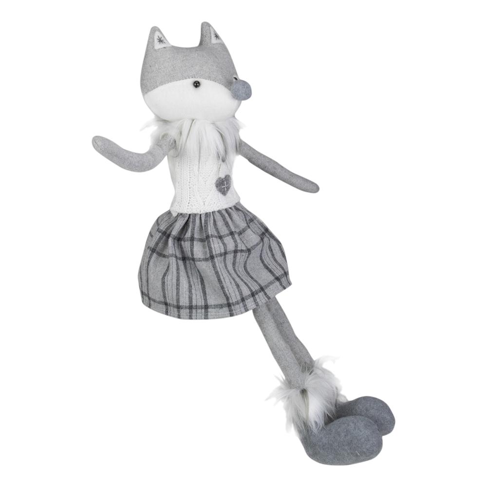 22" Gray and White Girl Fox Sitting Christmas Figure with Dangling Legs. Picture 4