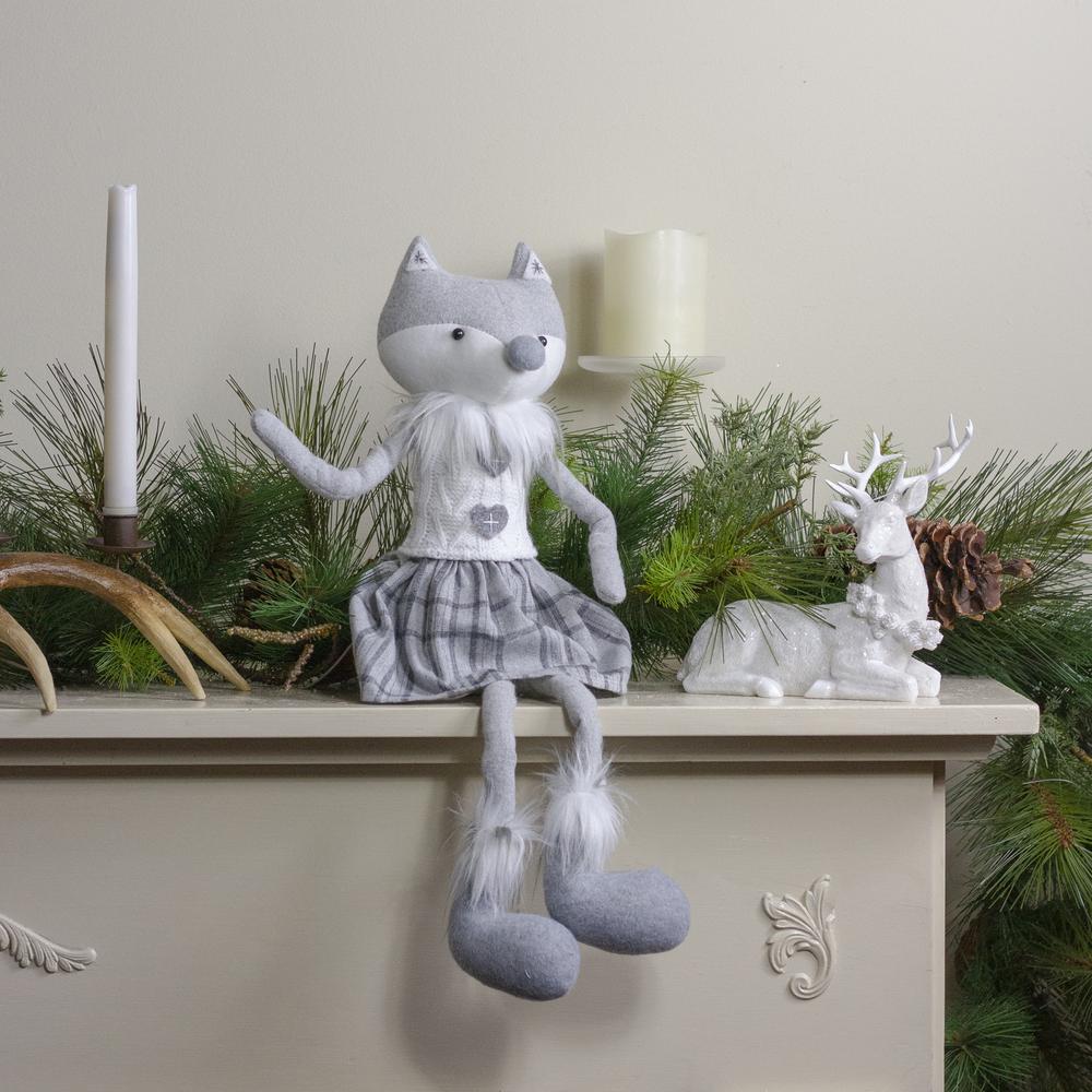 22" Gray and White Girl Fox Sitting Christmas Figure with Dangling Legs. Picture 2