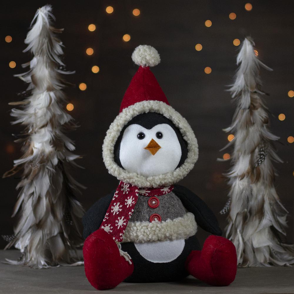 15-Inch Red  White  and Gray Sitting Winter Penguin Christmas Tabletop Decoration. Picture 2