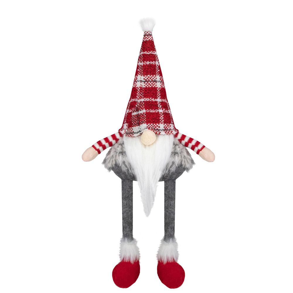 22-Inch Red  Gray  and White Plaid Sitting Tabletop Gnome Christmas Decoration. Picture 1