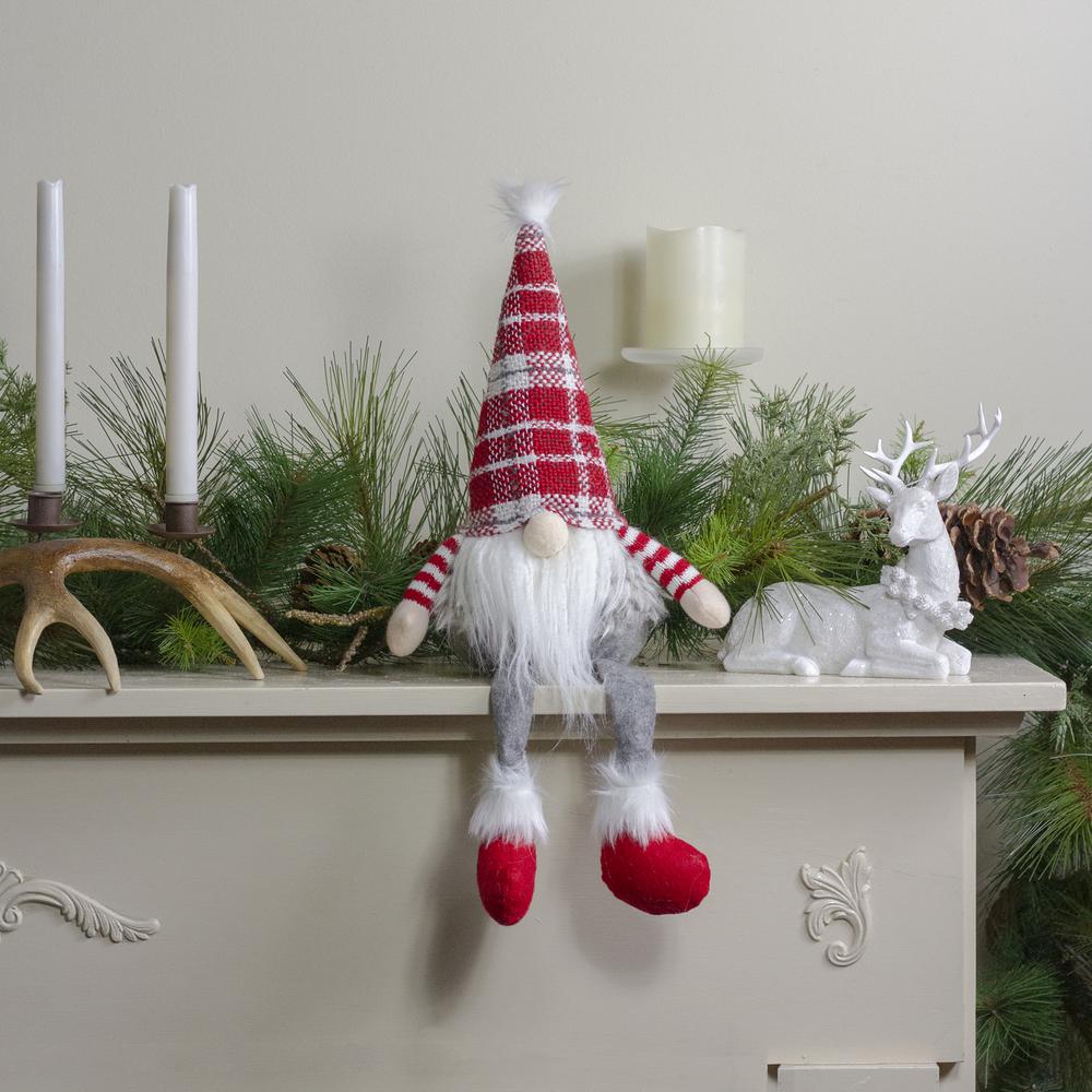 22-Inch Red  Gray  and White Plaid Sitting Tabletop Gnome Christmas Decoration. Picture 2