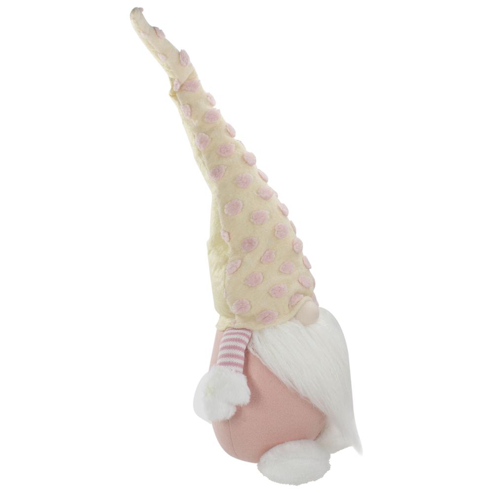 24" Pink and Yellow Standing Spring Plush Gnome Figure with a Polka Dot Hat. Picture 3