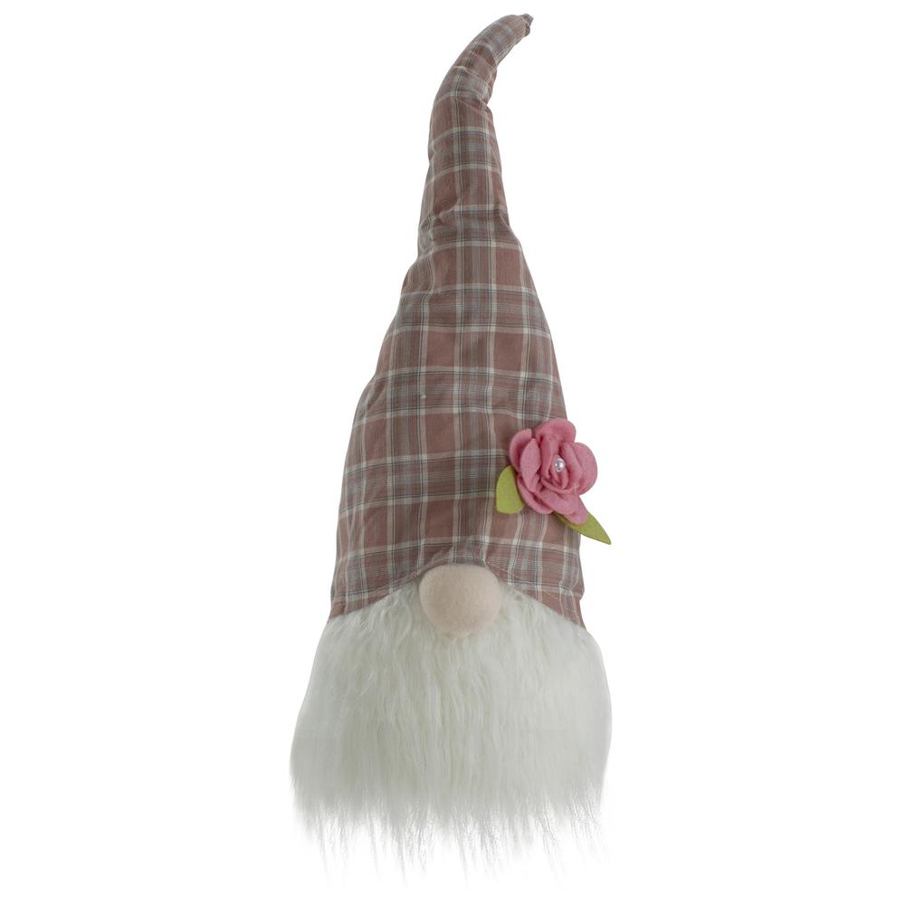 20" Pink and White Plaid Spring Gnome Head Table Top Decor. Picture 1