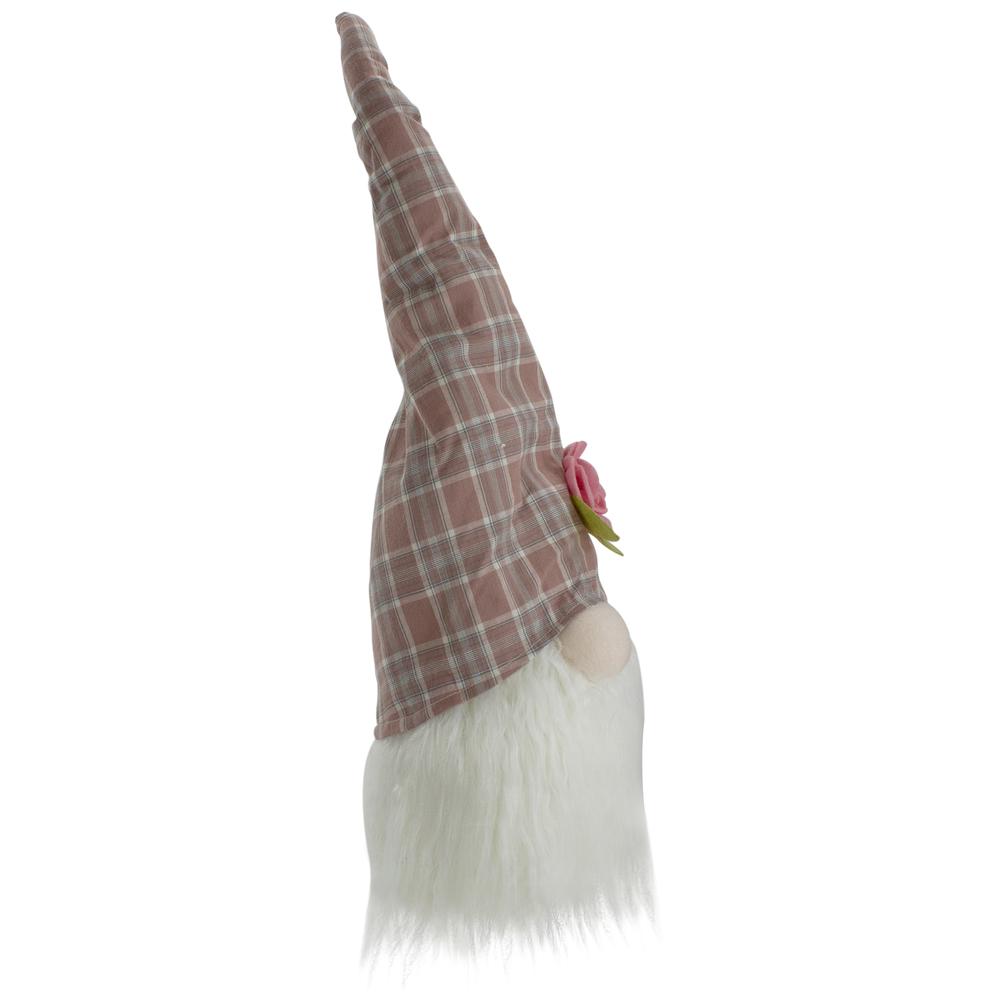 20" Pink and White Plaid Spring Gnome Head Table Top Decor. Picture 3